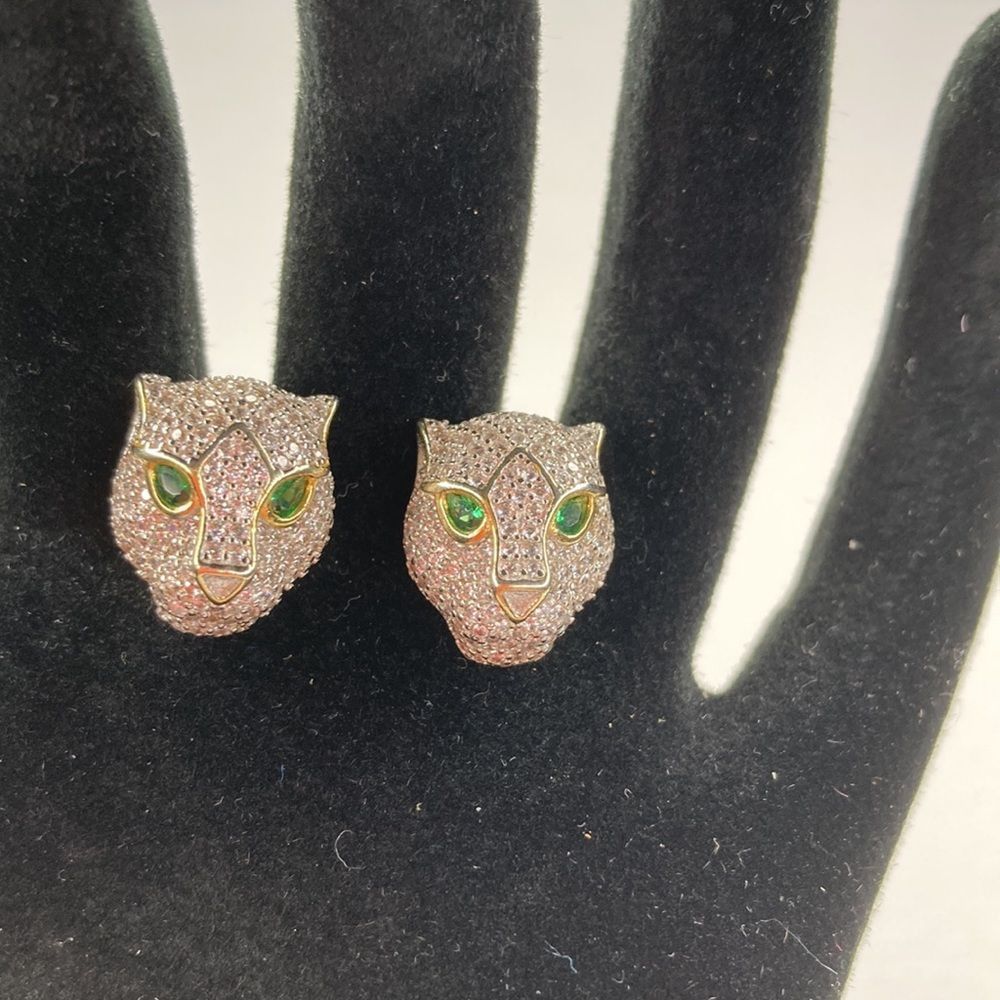Fusion Creation International Earrings Panther Face 925 Silver & Gold Ea…